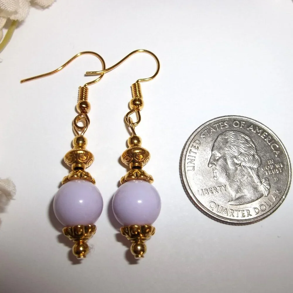 Light Purple Earrings Gold Beaded Dangle Drop Jewelry Fashion Accessory Set D402